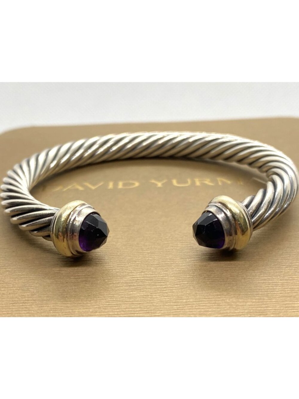 David Yurman Sterling Silver 925 & 14k Gold 7mm Cable Amethyst Cuff Bracelet